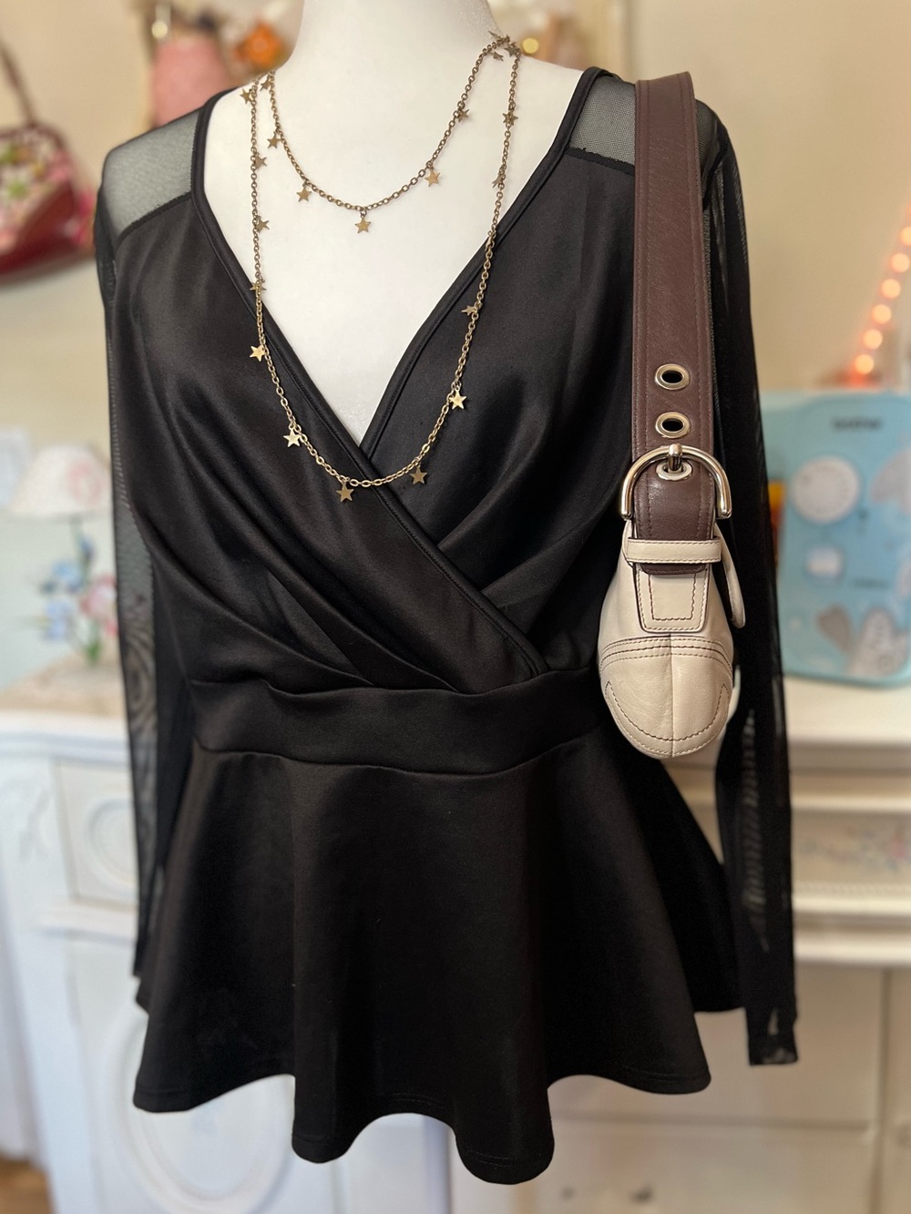 Fashion to Figure Black Sheer-Sleeve Wrap Peplum Top